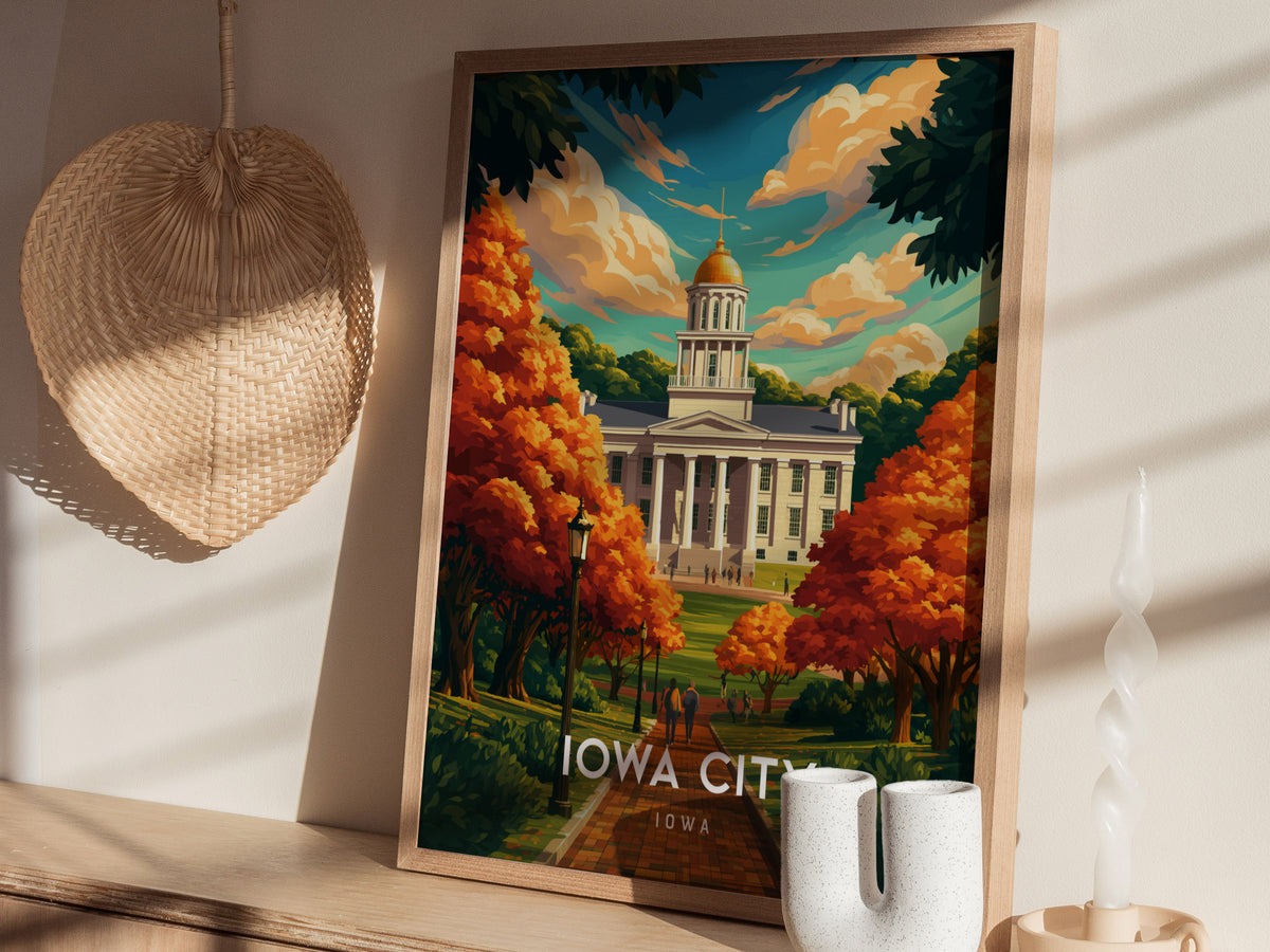 Iowa City, Iowa Poster | Heartland Campus & River Charm Travel Wall Art — styled in a modern interior