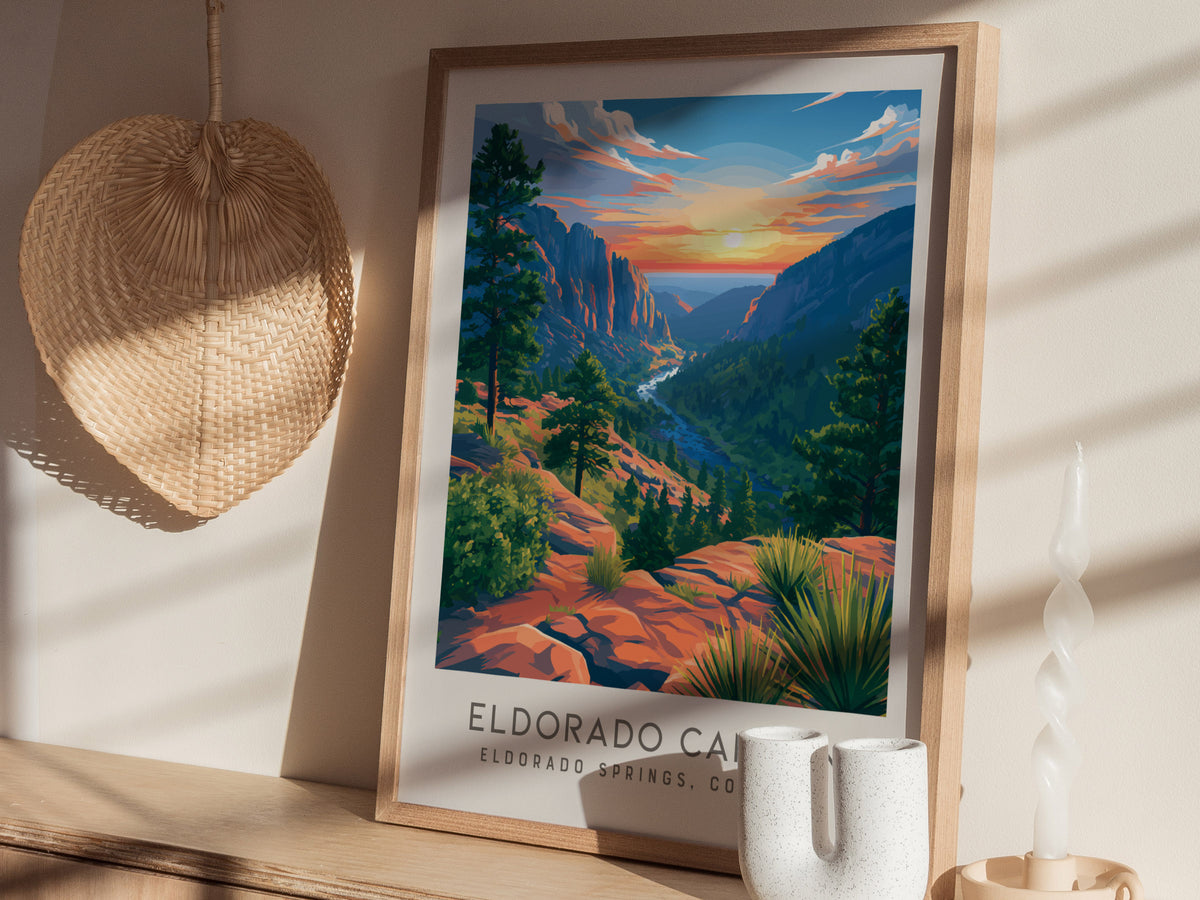 Eldorado Canyon Matte Border Poster | Eldorado Springs, Colorado Destination Print — styled in a modern interior