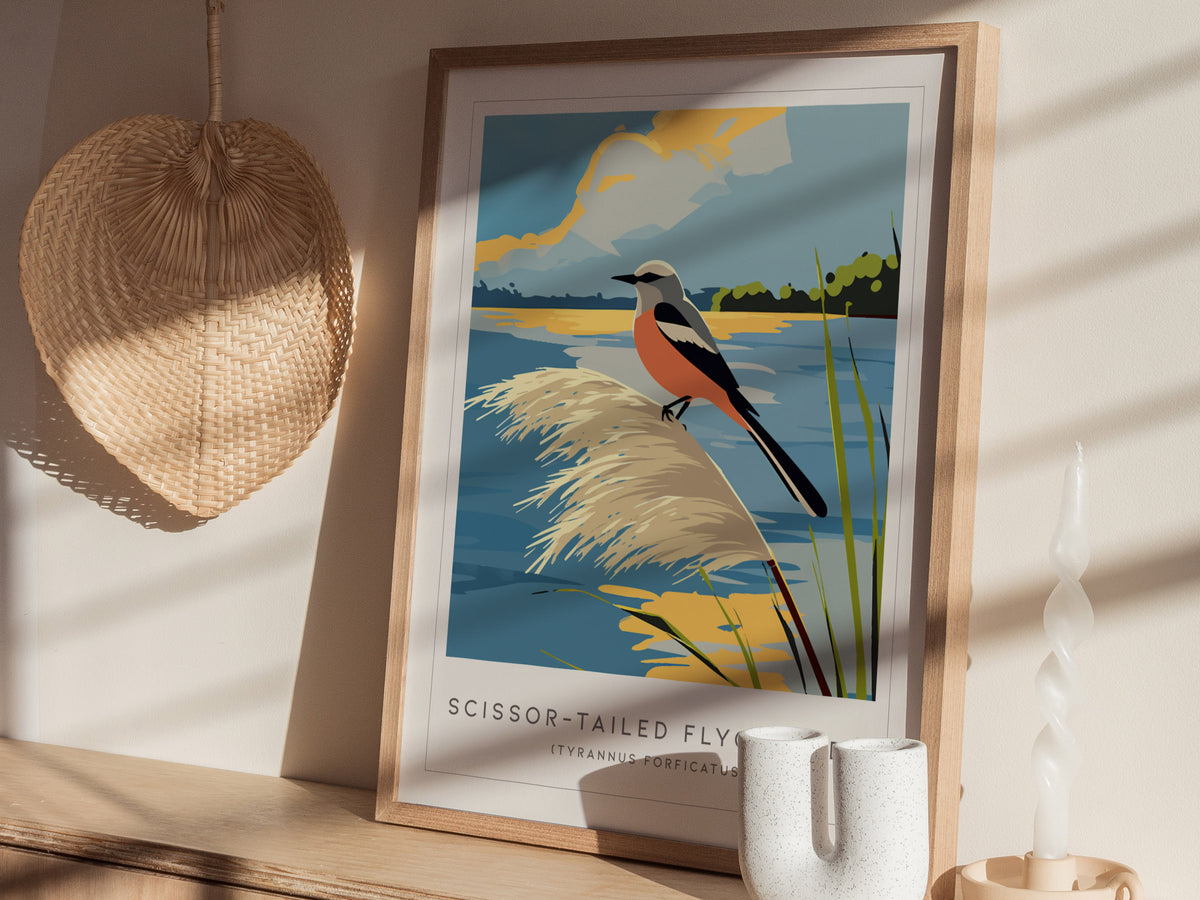Scissor-tailed Flycatcher Poster | Graceful Prairie Bird Portrait Wall Art — styled in a modern interior