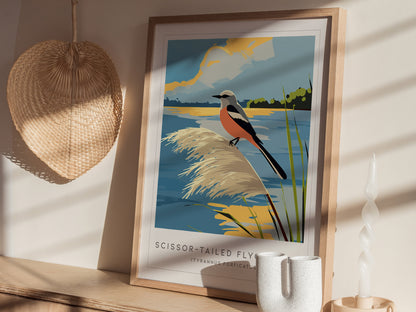 Scissor-tailed Flycatcher Poster | Graceful Prairie Bird Portrait Wall Art — styled in a modern interior
