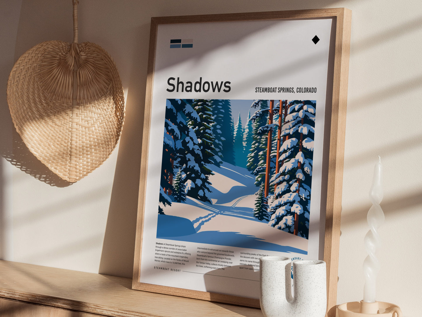 Shadows, Steamboat Poster | Snowy Ski Run Mountain Wall Art — styled in a modern interior