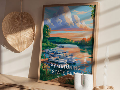 Pymatuning State Park, Pennsylvania Poster | Lakeside Geese & Spillway Wall Art — styled in a modern interior