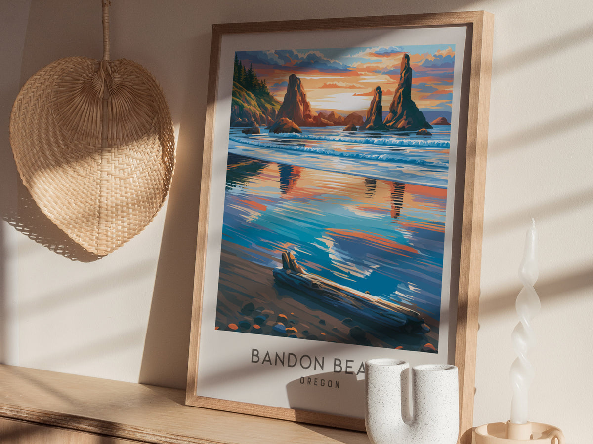 Bandon Beach Matte Border Poster | Oregon Coastal Beach Decor — styled in a modern interior