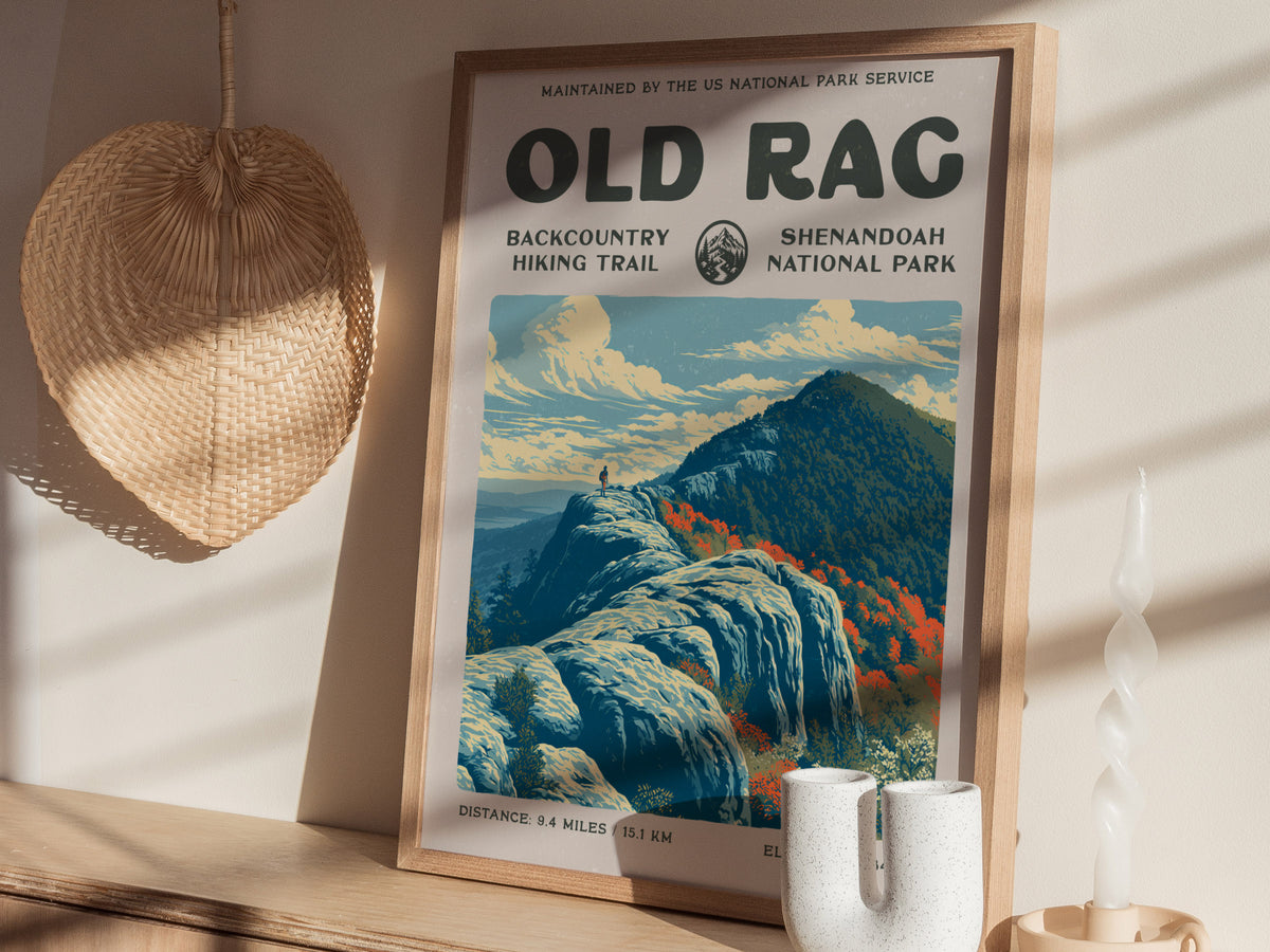Old Rag, Shenandoah National Park Poster | Hiker Gift | Backcountry Trail Wall Art — styled in a modern interior