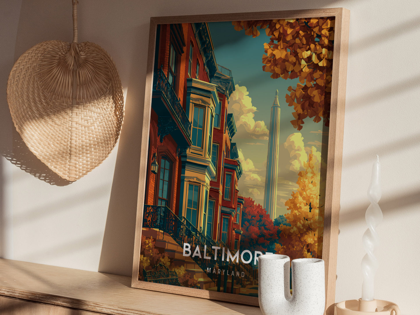 Baltimore, Maryland Poster | Harbor Skyline & Charm City Wall Art — styled in a modern interior