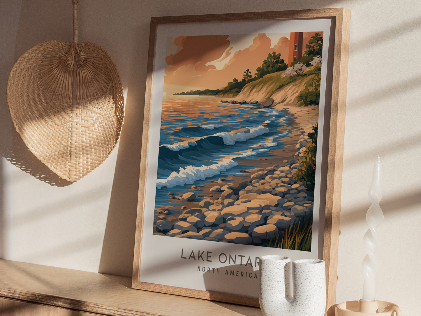 Lake Ontario Matte Border Poster | North America Travel Wall Art — styled in a modern interior