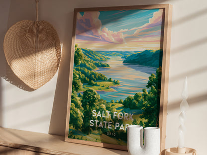 Salt Fork State Park, Ohio Poster | Lakeside Forest Retreat Wall Art — styled in a modern interior