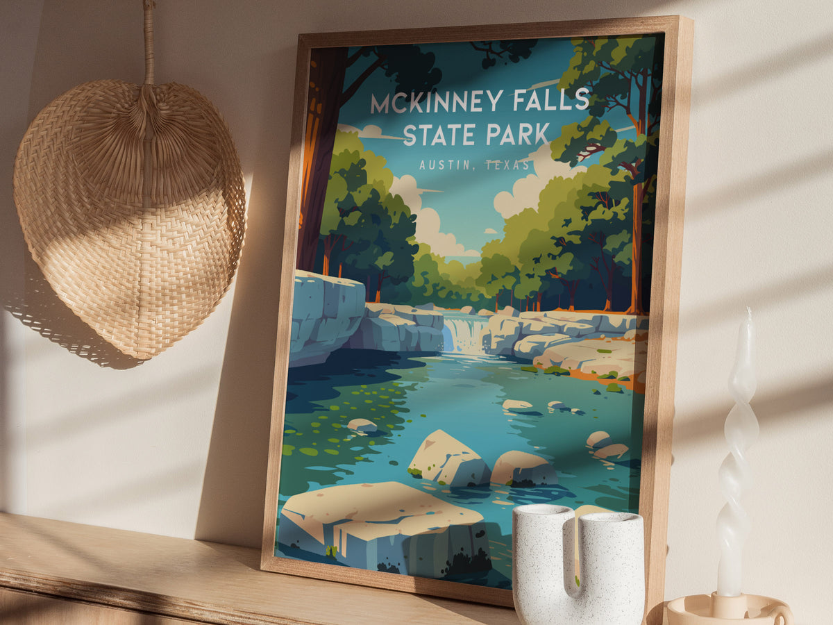 McKinney Falls State Park, Austin, Texas Poster | Waterfall & Creek Nature Wall Art — styled in a modern interior