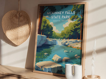 McKinney Falls State Park, Austin, Texas Poster | Waterfall & Creek Nature Wall Art — styled in a modern interior