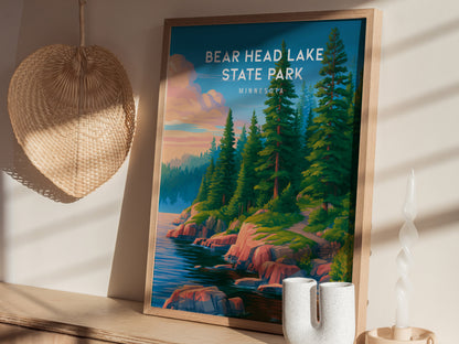 Bear Head Lake State Park, Minnesota Poster | Northwoods Lakeside Wilderness Wall Art — styled in a modern interior