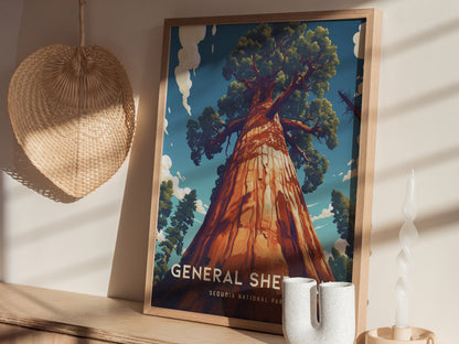 A framed poster of the General Sherman Tree in Sequoia National Park leans against a wall, next to a woven basket and decorative candle.