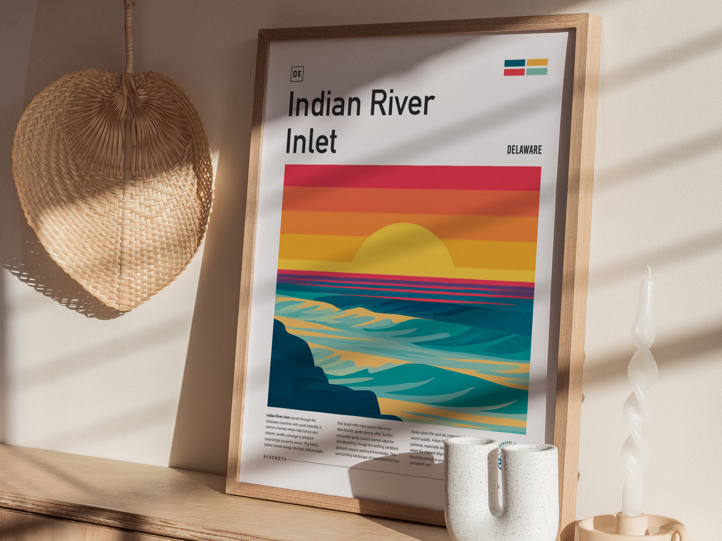Indian River Inlet, Delaware Poster | Surf & Bridge Coastal Wall Art — styled in a modern interior