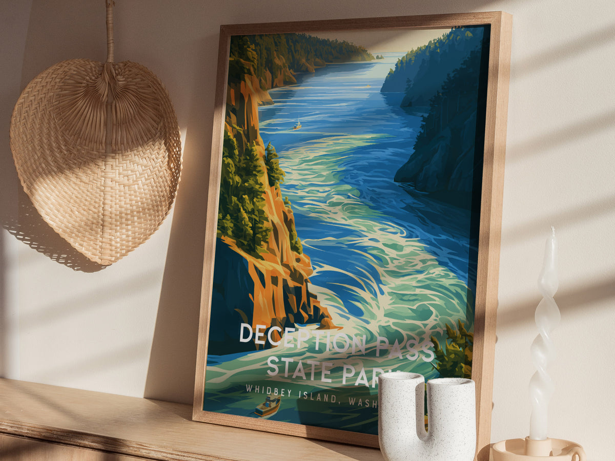 Deception Pass State Park, Whidbey Island, Washington Poster | Dramatic Bridge & Emerald Waters Wall Art — styled in a modern