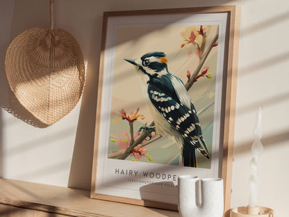Hairy Woodpecker Poster | Bold Forest Bird Illustration Wall Art — styled in a modern interior