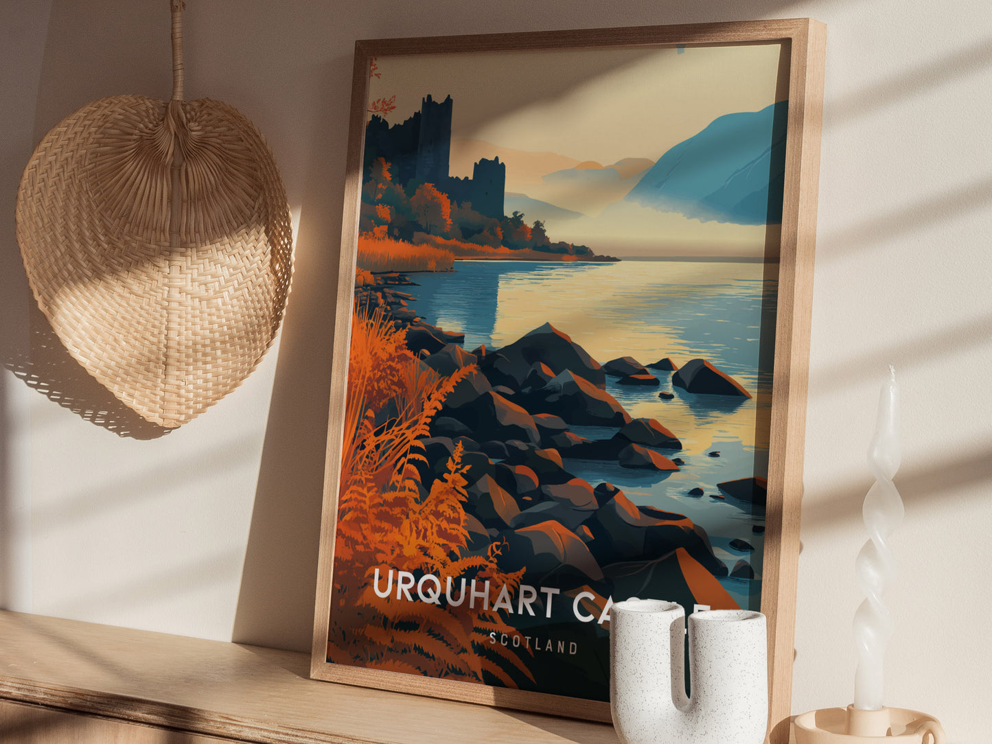 Urquhart Castle, Scotland Poster | Loch Ness Highland Ruins Wall Art — styled in a modern interior