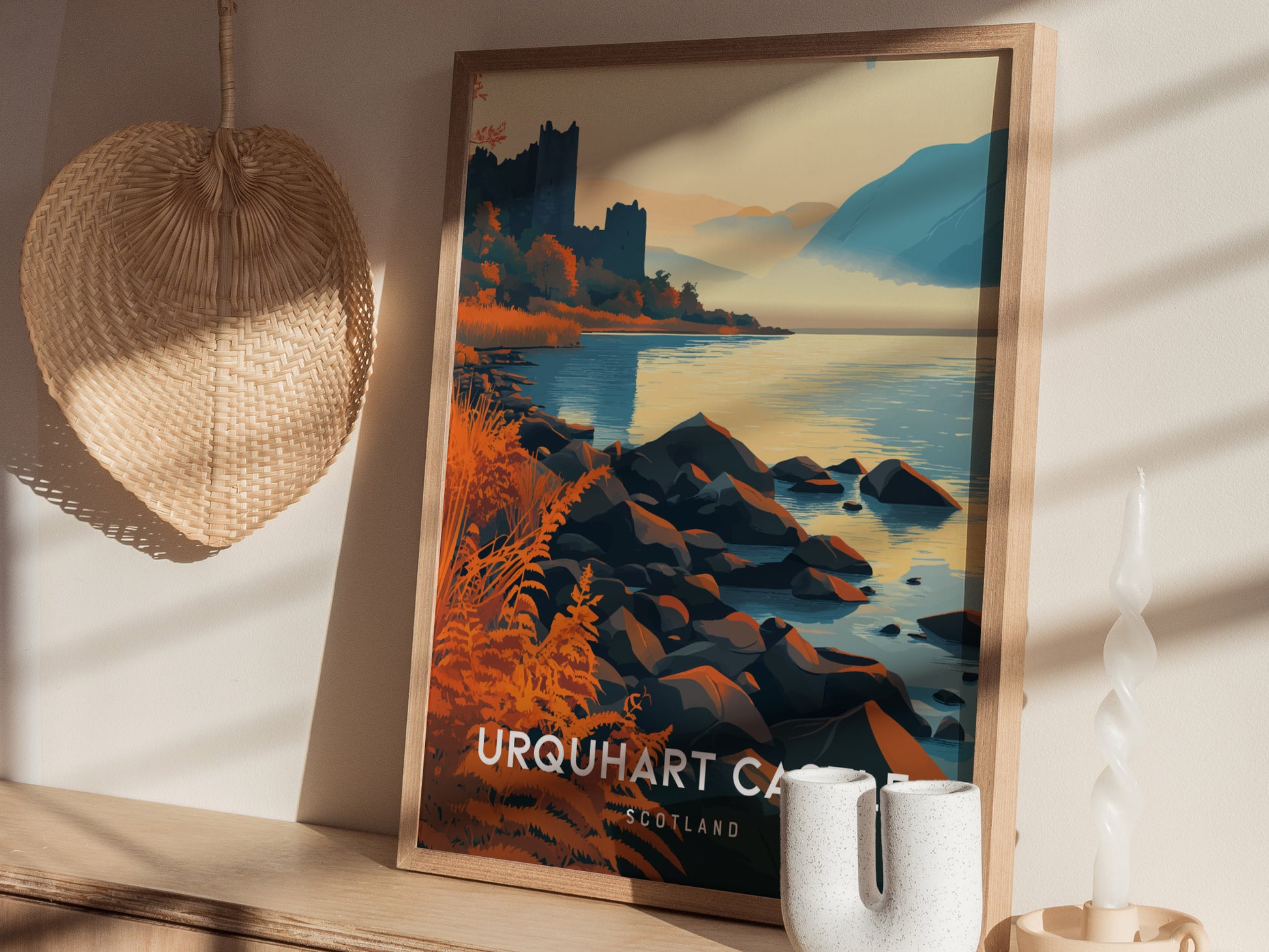 Urquhart Castle, Scotland Poster | Loch Ness Highland Ruins Wall Art — styled in a modern interior