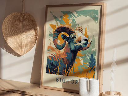 Bighorn Ram Modern Wildlife Poster | Mountain Cabin Wall Art | Framed or Unframed