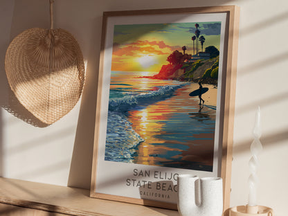 San Elijo State Beach Matte Border Poster | California Travel Wall Art — styled in a modern interior