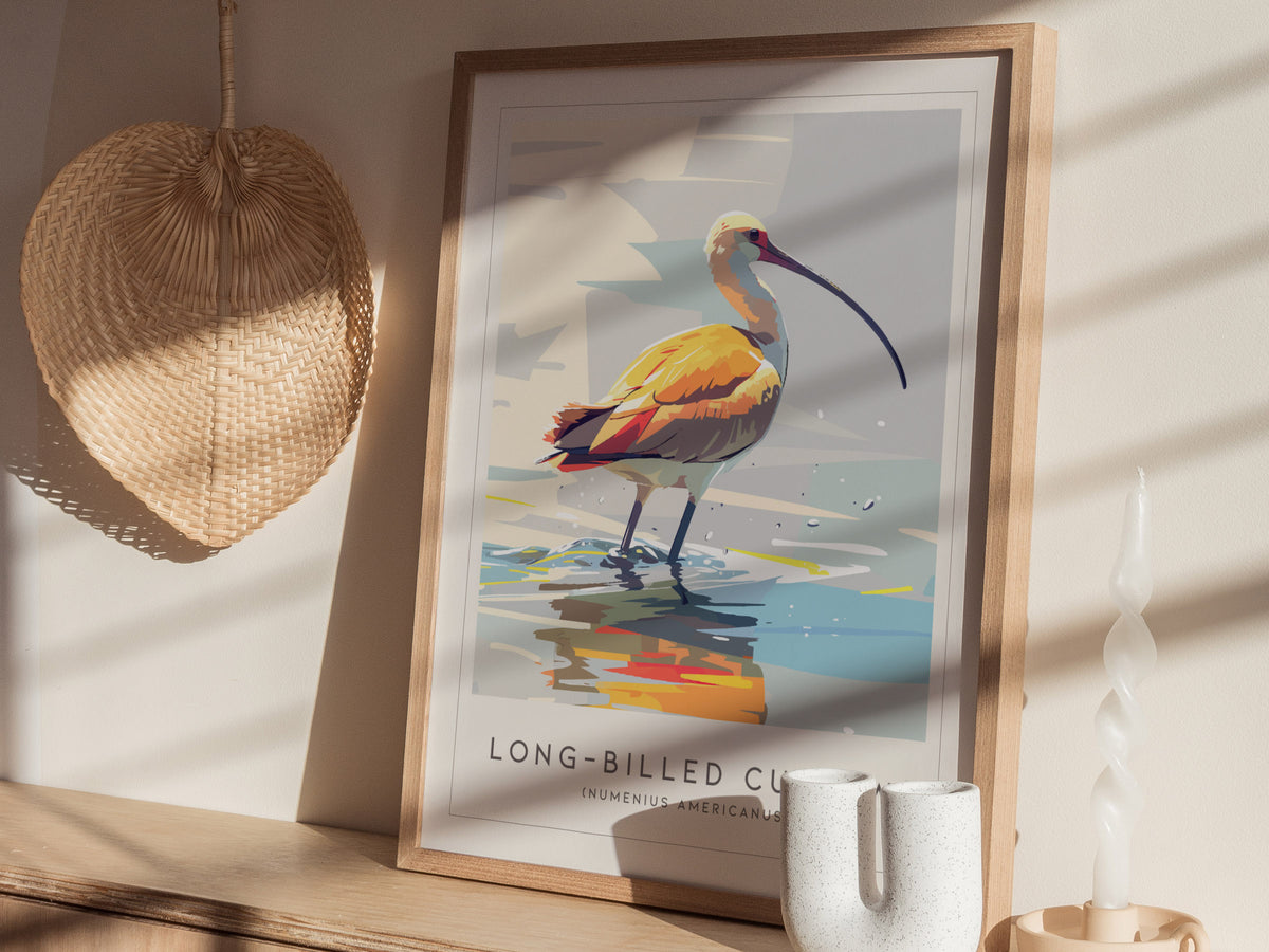 Long-billed Curlew, Numenius americanus Poster | Shorebird Wildlife Print Wall Art — styled in a modern interior