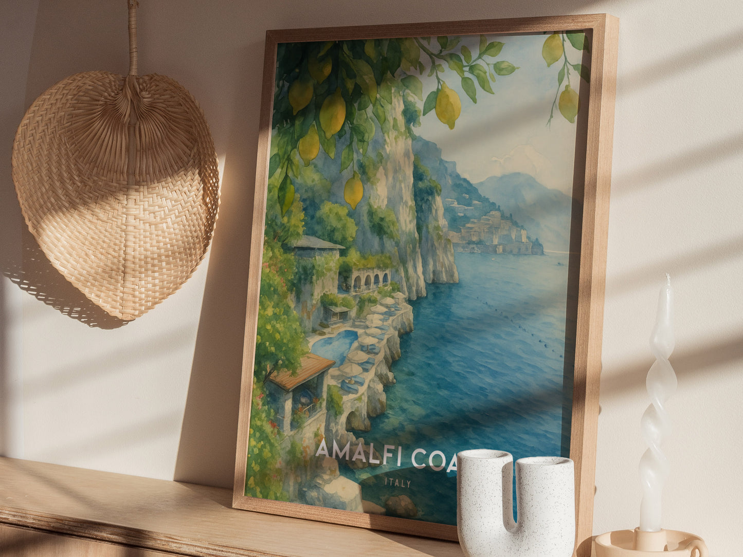 Amalfi Coast Italy Watercolor Travel Print | Hotel Santa Caterina Wall Art Poster | Framed or Unframed