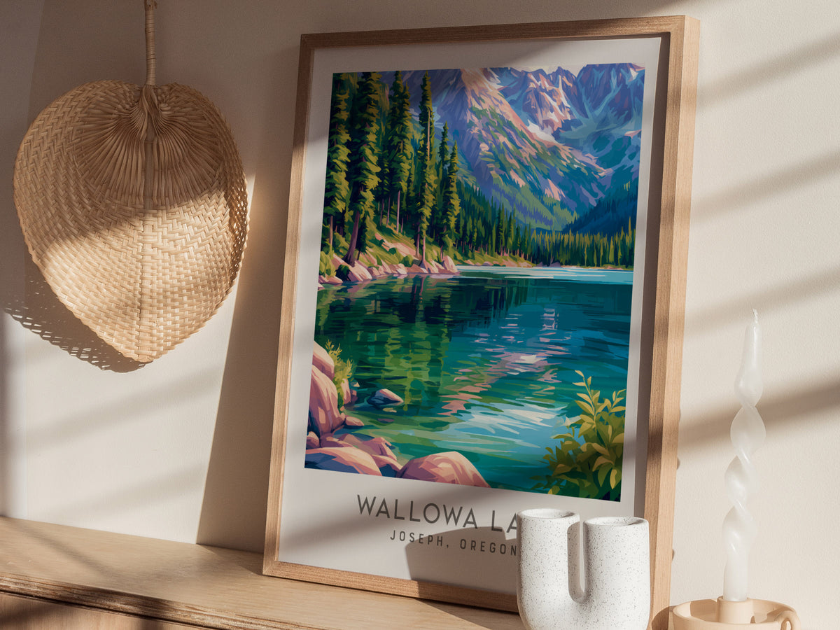 Wallowa Lake Matte Border Poster | Joseph, Oregon Travel Wall Art — styled in a modern interior