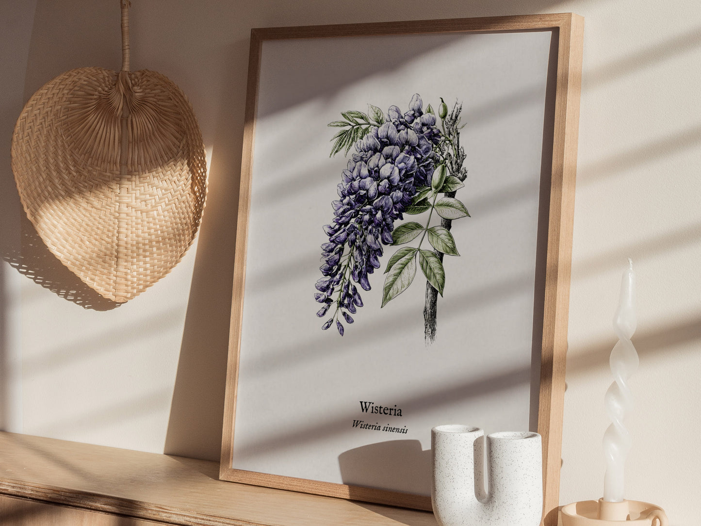Wisteria Poster | Vintage Wisteria sinensis Botanical Illustration Wall Art — styled in a modern interior