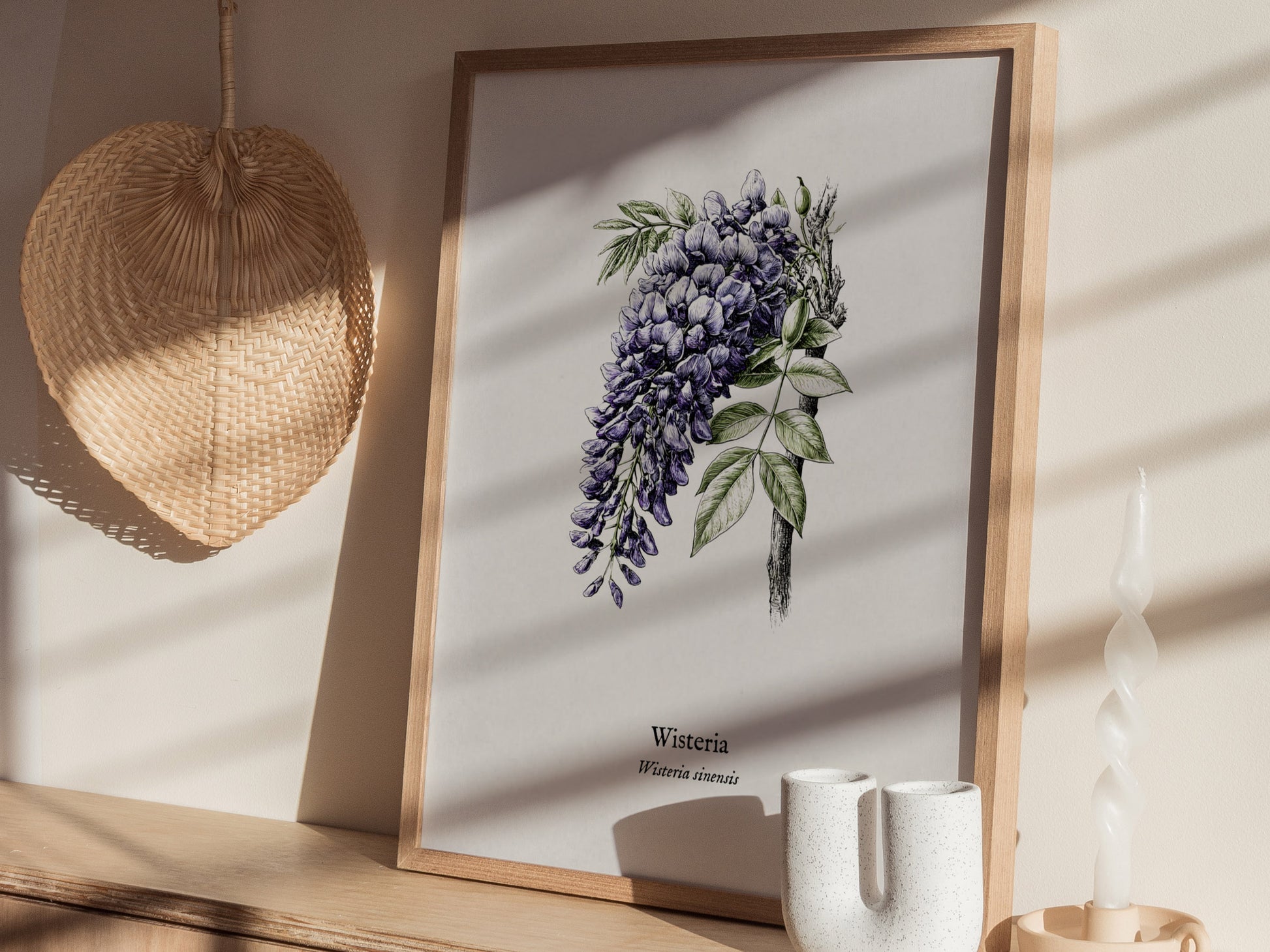 Wisteria Poster | Vintage Wisteria sinensis Botanical Illustration Wall Art — styled in a modern interior