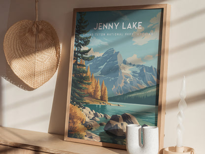 Jenny Lake, Grand Teton National Park, Wyoming Poster | Mountain Reflection Destination Print Wall Art — styled in a modern i