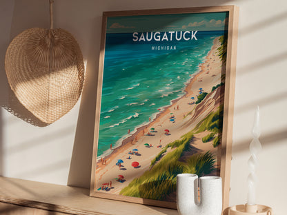 Saugatuck, Michigan Poster | Lakeside Dunes & Harbor Village Wall Art — styled in a modern interior