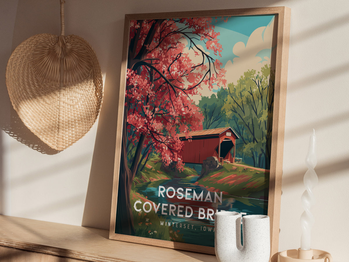 Roseman Covered Bridge, Winterset, Iowa Poster | Historic Charm Framed or Unframed Wall Art — styled in a modern interior