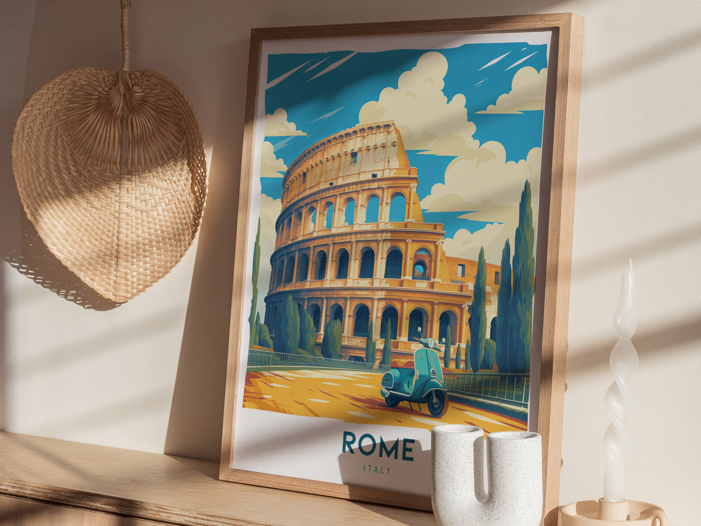 Rome Travel Poster | Vintage Colosseum & Vespa Italy Art Gift