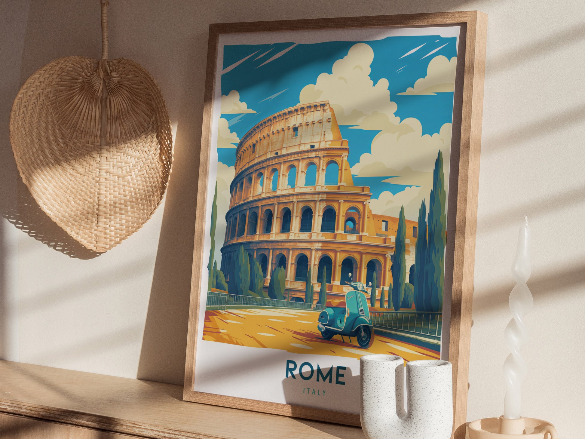 Rome Travel Poster | Vintage Colosseum & Vespa Italy Art Gift