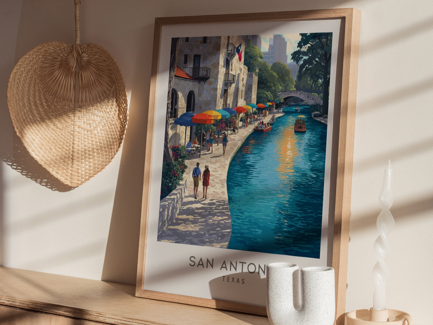 San Antonio River Walk Matte Border Poster | Texas Travel Wall Art — styled in a modern interior