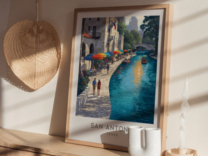 San Antonio River Walk Matte Border Poster | Texas Travel Wall Art — styled in a modern interior