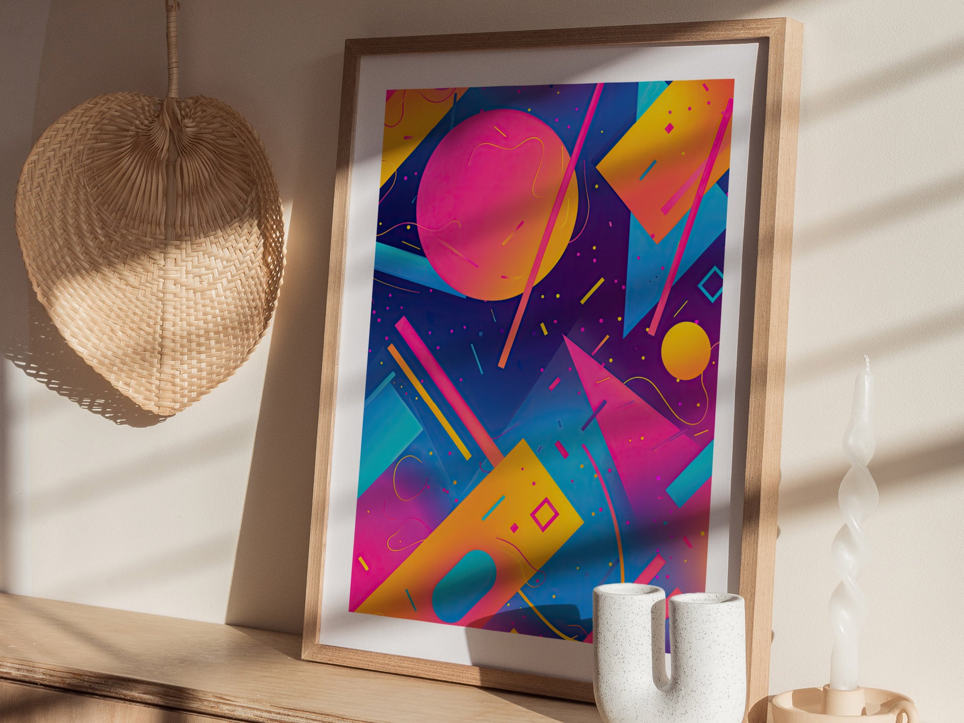 A framed poster featuring a vibrant 90s-inspired abstract design with bold geometric shapes in pink, yellow, and blue sits on a wooden surface next to a woven wall decoration.
