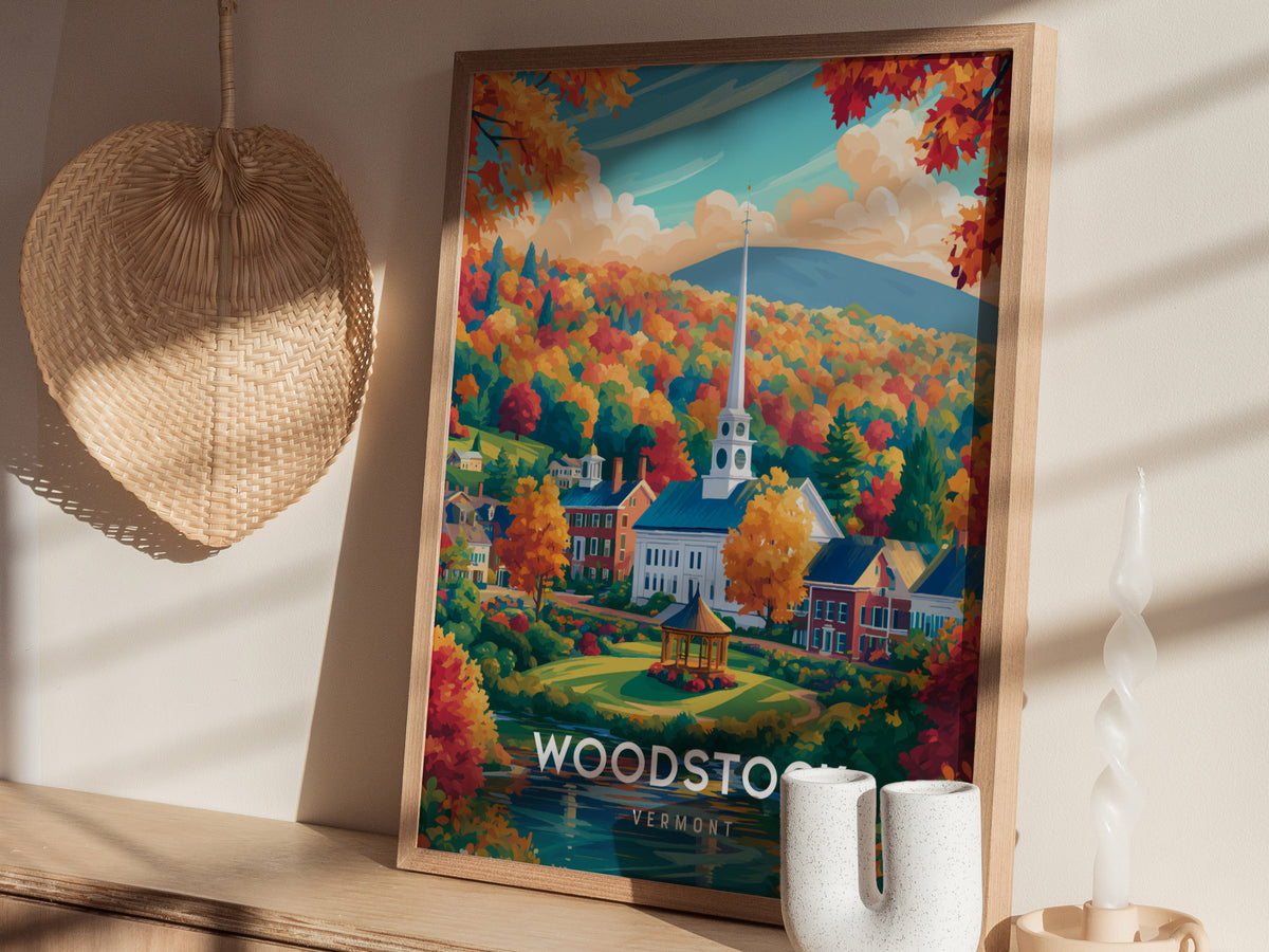 Woodstock, Vermont Poster | New England Covered Bridge Vacation Wall Art — styled in a modern interior