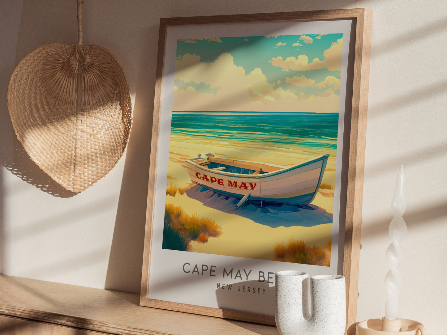 Cape May Beach Matte Border Poster | New Jersey Vacation Wall Art — styled in a modern interior