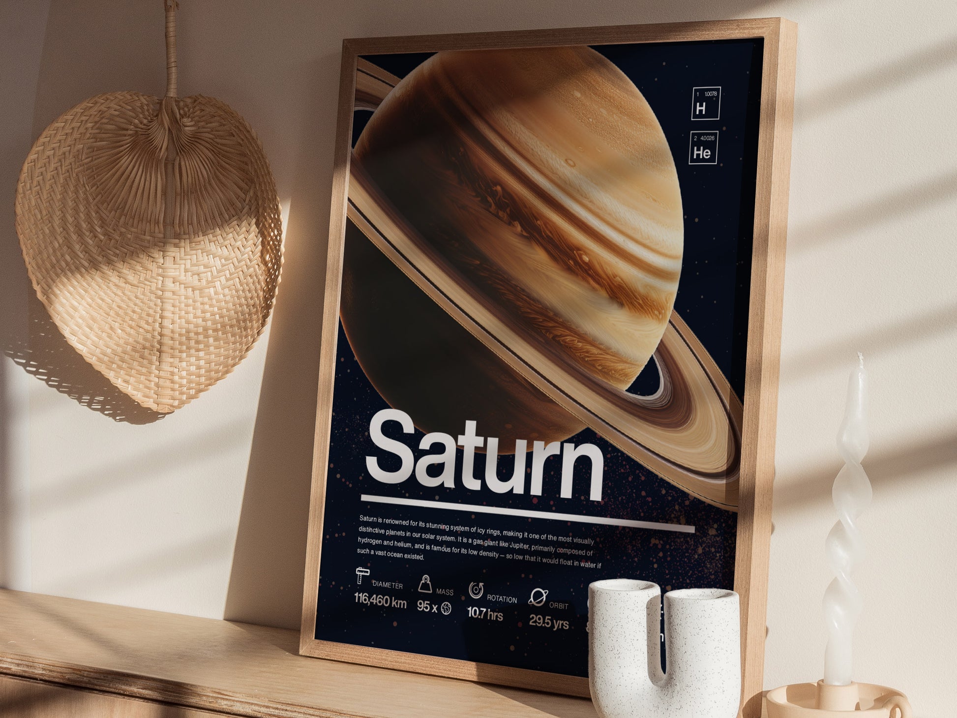 A wooden-framed Saturn educational poster is displayed on a shelf, featuring the planets image and facts. Nearby are a woven decorative item, a twisted candle, and a ceramic holder.