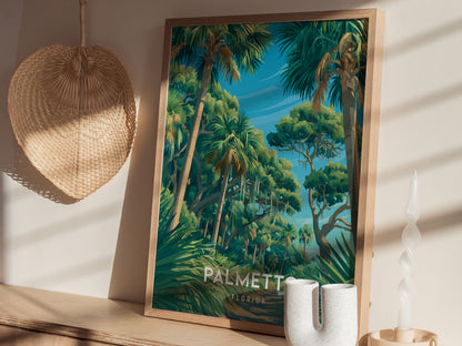 Palmetto, Florida Poster | River Town & Palms Coastal Wall Art — styled in a modern interior