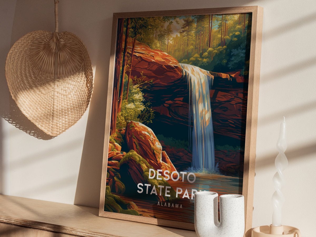 DeSoto State Park, Alabama Poster | Waterfalls & Woodland Trail Wall Art — styled in a modern interior