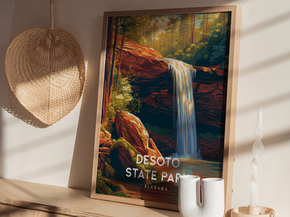 DeSoto State Park, Alabama Poster | Waterfalls & Woodland Trail Wall Art — styled in a modern interior