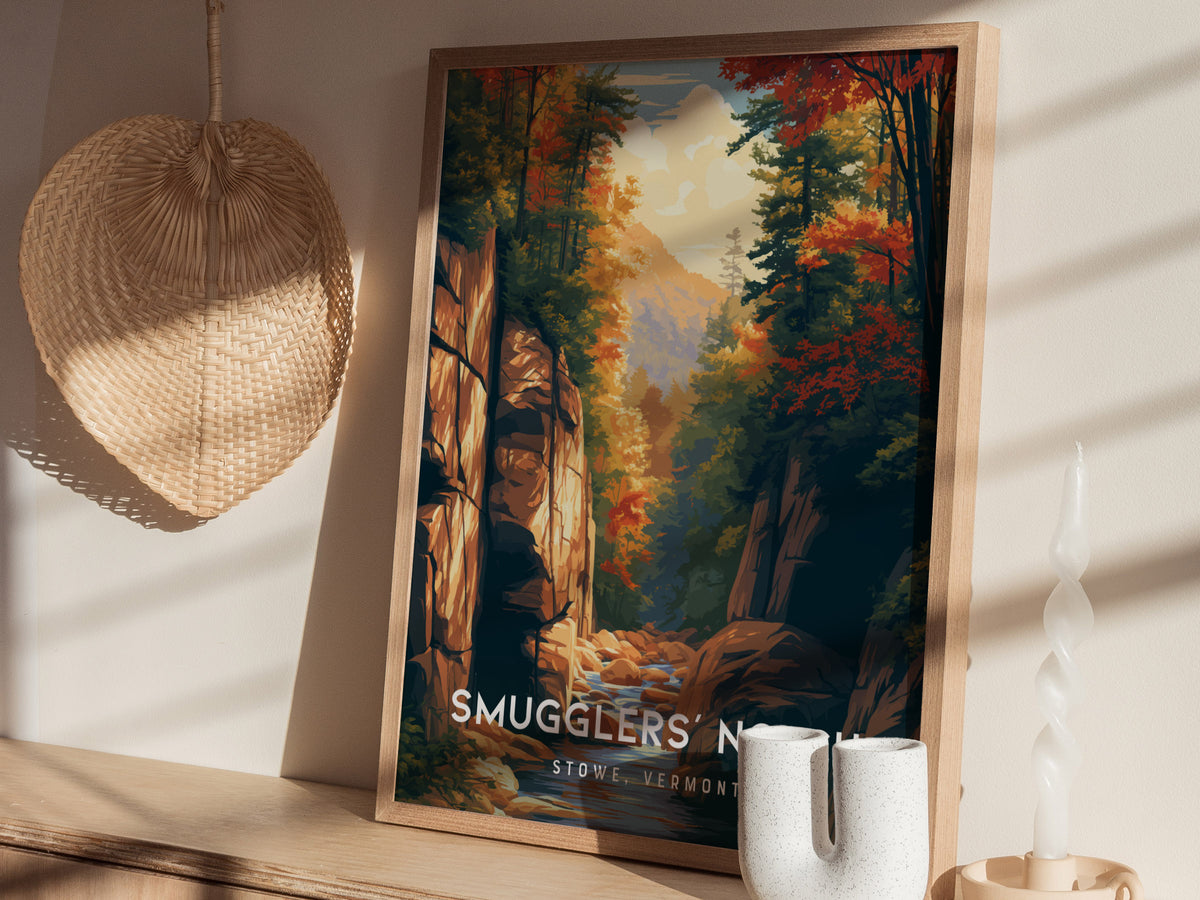 Smugglers' Notch, Stowe, Vermont Poster | Mountain Pass Destination Print Wall Art — styled in a modern interior