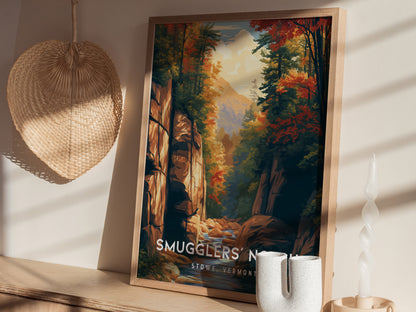 Smugglers' Notch, Stowe, Vermont Poster | Mountain Pass Destination Print Wall Art — styled in a modern interior