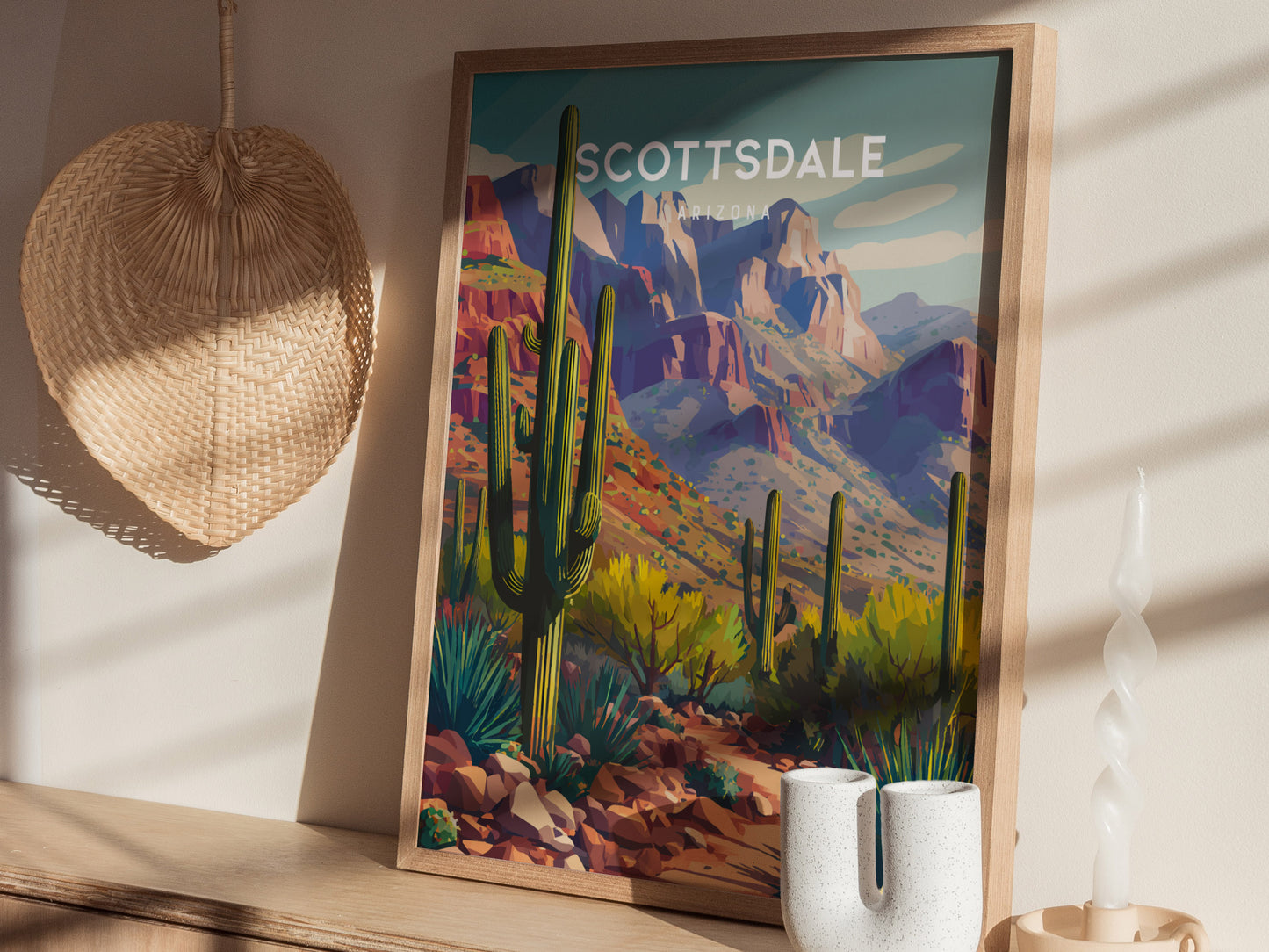 Scottsdale, Arizona Poster | Desert Sunset & Saguaro Cactus Wall Art — styled in a modern interior