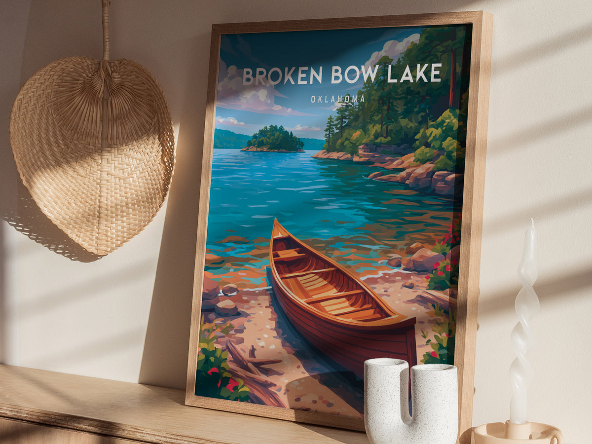 Broken Bow Lake, Oklahoma Poster | Pine Forest & Lake Retreat Wall Art — styled in a modern interior
