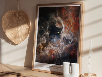 Framed Tarantula Nebula poster centered over a sofa with minimalist home decor