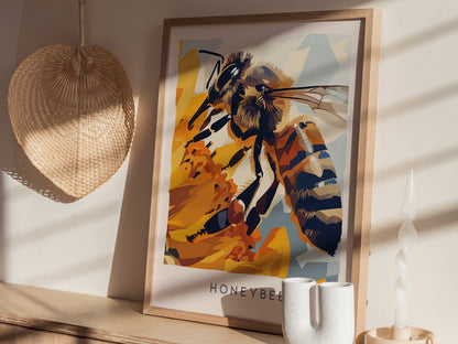 Honeybee, Wildlife Poster | Golden Pollinator Botanical Garden Wall Art — styled in a modern interior