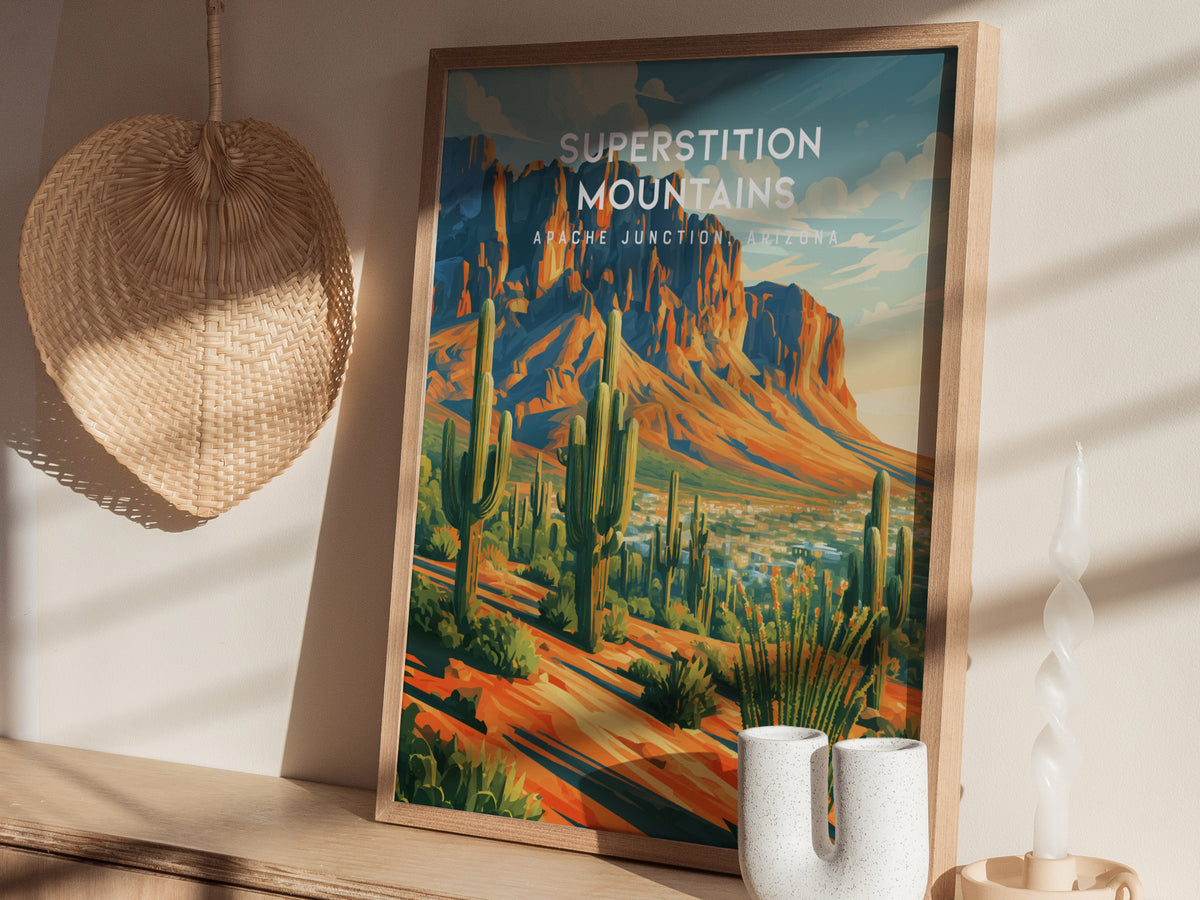 Superstition Mountains, Apache Junction, Arizona Poster | Desert Wilderness Destination Print Wall Art — styled in a modern i
