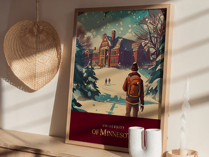A framed University of Minnesota poster depicts a snowy campus scene with a student in a red jacket. Nearby, a woven wall decoration and candle are visible.