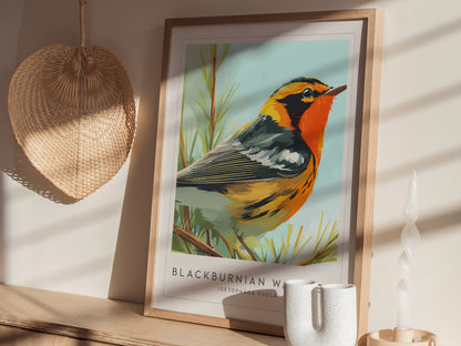 Blackburnian Warbler, Setophaga fusca Poster | Fiery Songbird Nature Print Wall Art — styled in a modern interior